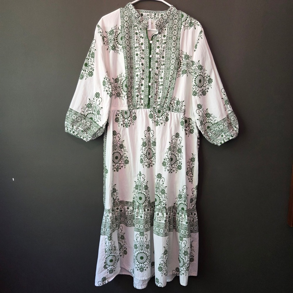 Kaktus Green White Cotton Block Print Midi Dress Boho Balloon Sleeve XXL